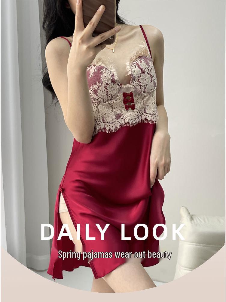 2025 High-End Women's Ice Silk Lace Spaghetti Strap Nightdress & Pajama Set