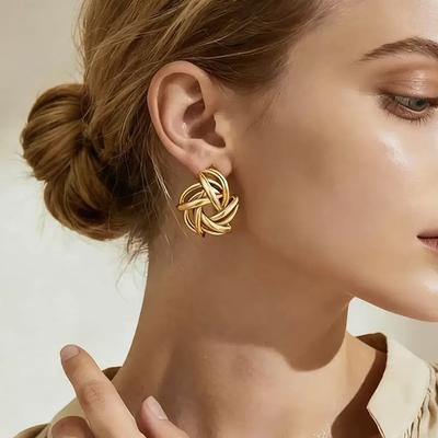 Metal Geometric Hollow Flower Vortex Silver Needle Stud Earrings Temperament Earrings