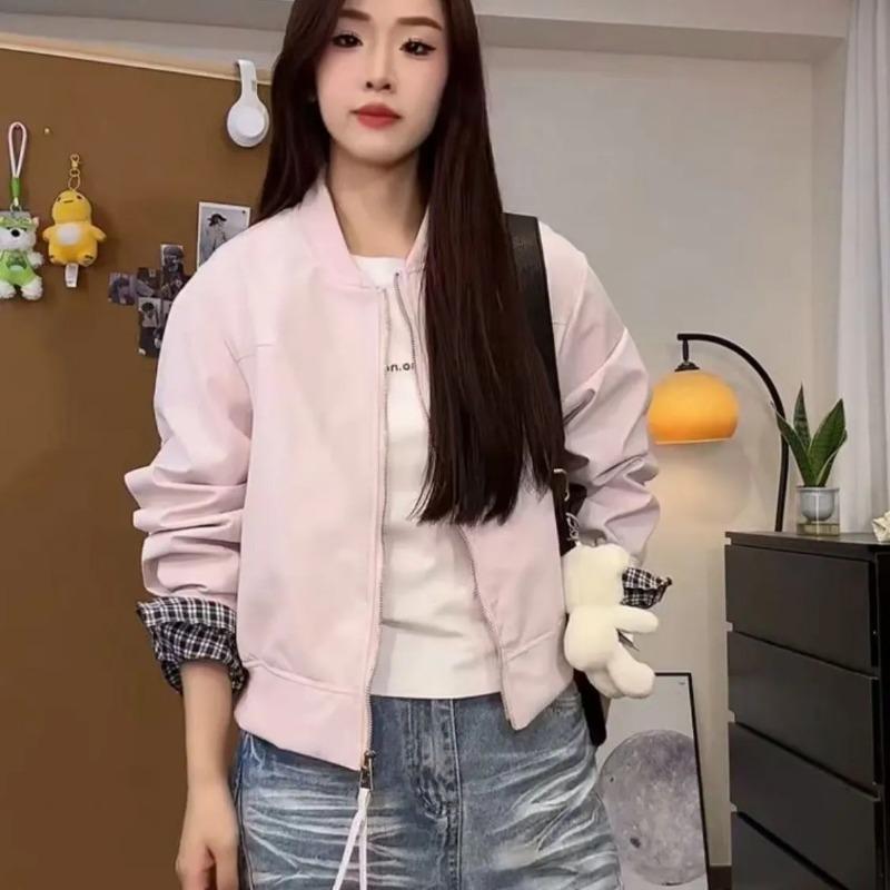 

Корейская версия Весенний новый стиль Повседневный Простой Универсальный Однотонный дизайн Короткое пальто Женская маленькая куртка Топ L розовый