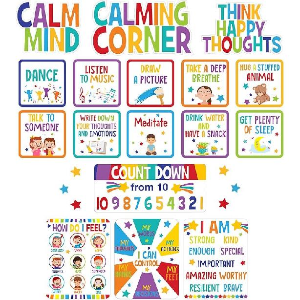 Calm Down Corner Bulletin Board Set for Classroom Decoration Feelings Chart Mental Health Feeling Management Poster for Kindergarten Emotions Poster