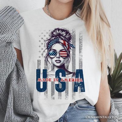 Made In America Messy Bun T-and Kids Tshirt, Retro 4th of July White Patriotic Tee