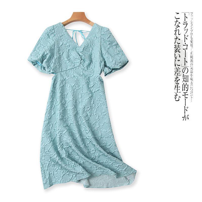 

Jacquard Waist-Exposed Dress Summer New Foreign Trade Women clothes V-neck Lace-up Pullover Bubble Short sleeve Midi dress 31716 Light green B- 1-30-4 L