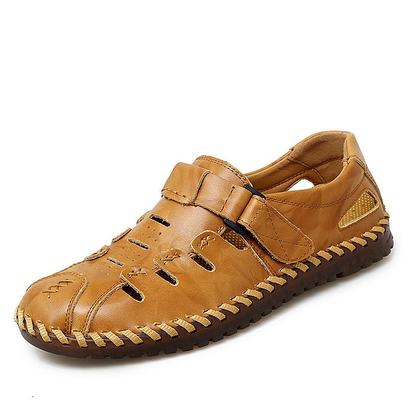 Plus Size Men's Shoes Without Shoelaces Summer Sandals Closed Toe Breathable Genuine Leather Shoes Men's Casual Hollow Hole Driving