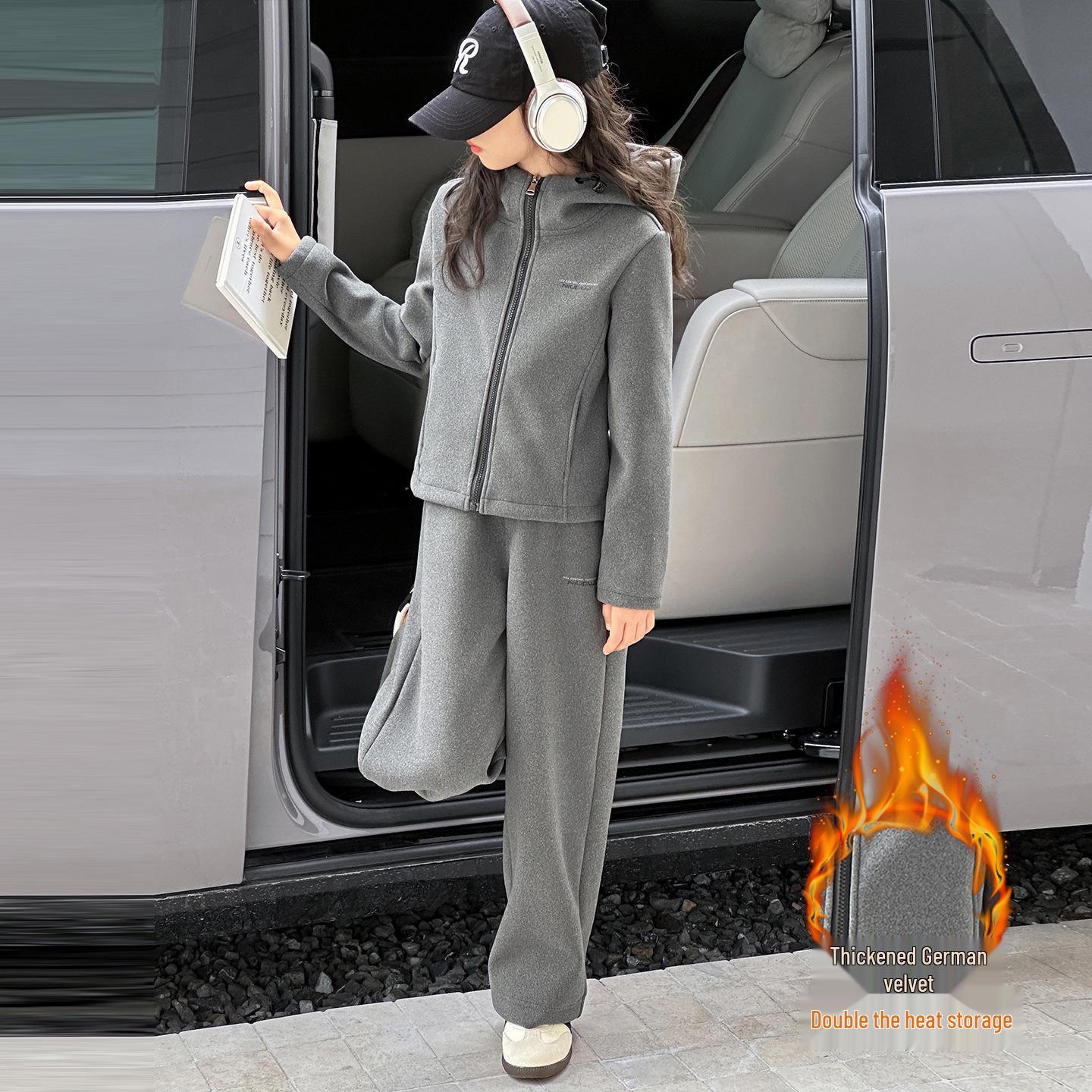 

Girls 2025 Winter Fleece Set: Cozy Hooded Jacket & Pants 130 cm