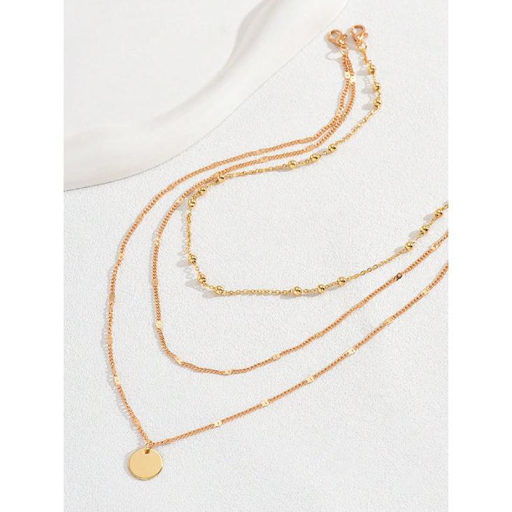 Triple Layer Gold Necklace Beaded Chain Hollow Disc Pendant Minimalist Stackable Necklace for Women