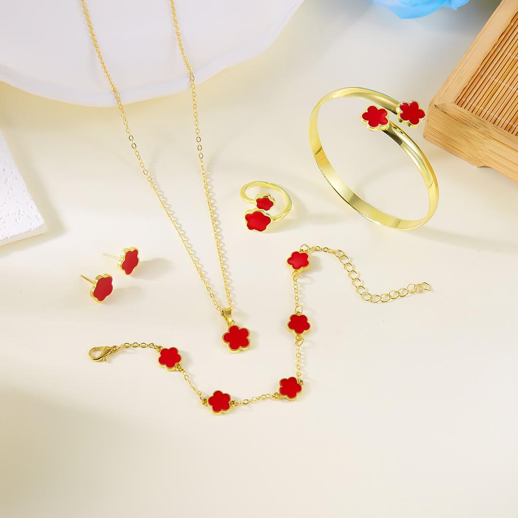 Romantic Pink Cherry Blossom Clavicle Chain Jewelry Set For Women Elegant Sweet Rose Flower Necklace Earrings Set Wedding Gift
