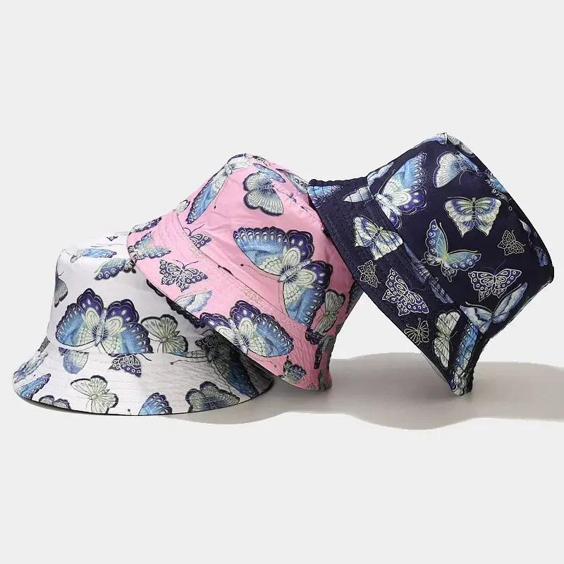 Spring Cotton Cartoon Butterfly Print Bucket Hat Fisherman Hat Outdoor Travel Sun Cap for Men and Women 115