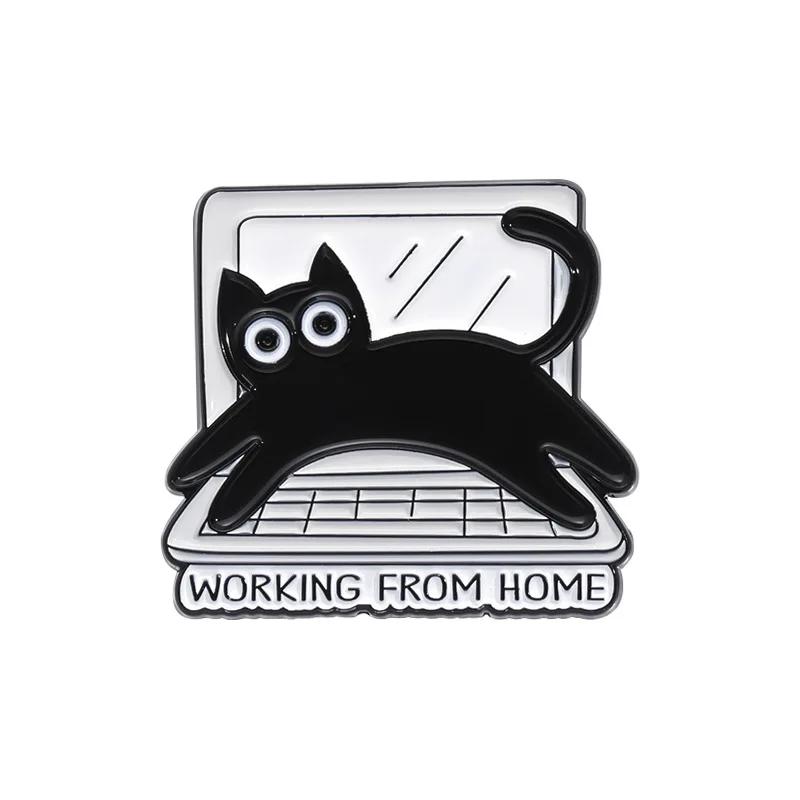 Punk Creative Black Kitten Enamel Pins Cartoon Cat Loves Work Brooch Custom Denim Lapel Badge Backpack Funny Animal Jewelry Gift