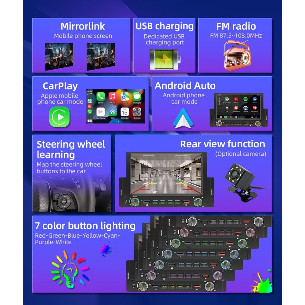 6.2 Inch 1Din Wire&Wireless CarPlay Android Auto Screen Radio Car Stereo BT MP5 Car Play 2USB Audio System Car Accessories