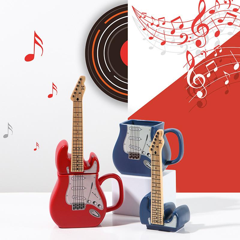 Electric Guitar Shaped Ceramic Mug with Music Notes , 3D Novelty Coffee Cup for Music Lovers, Vibrant Red/Blue Design, Durable Gift for Musicians,