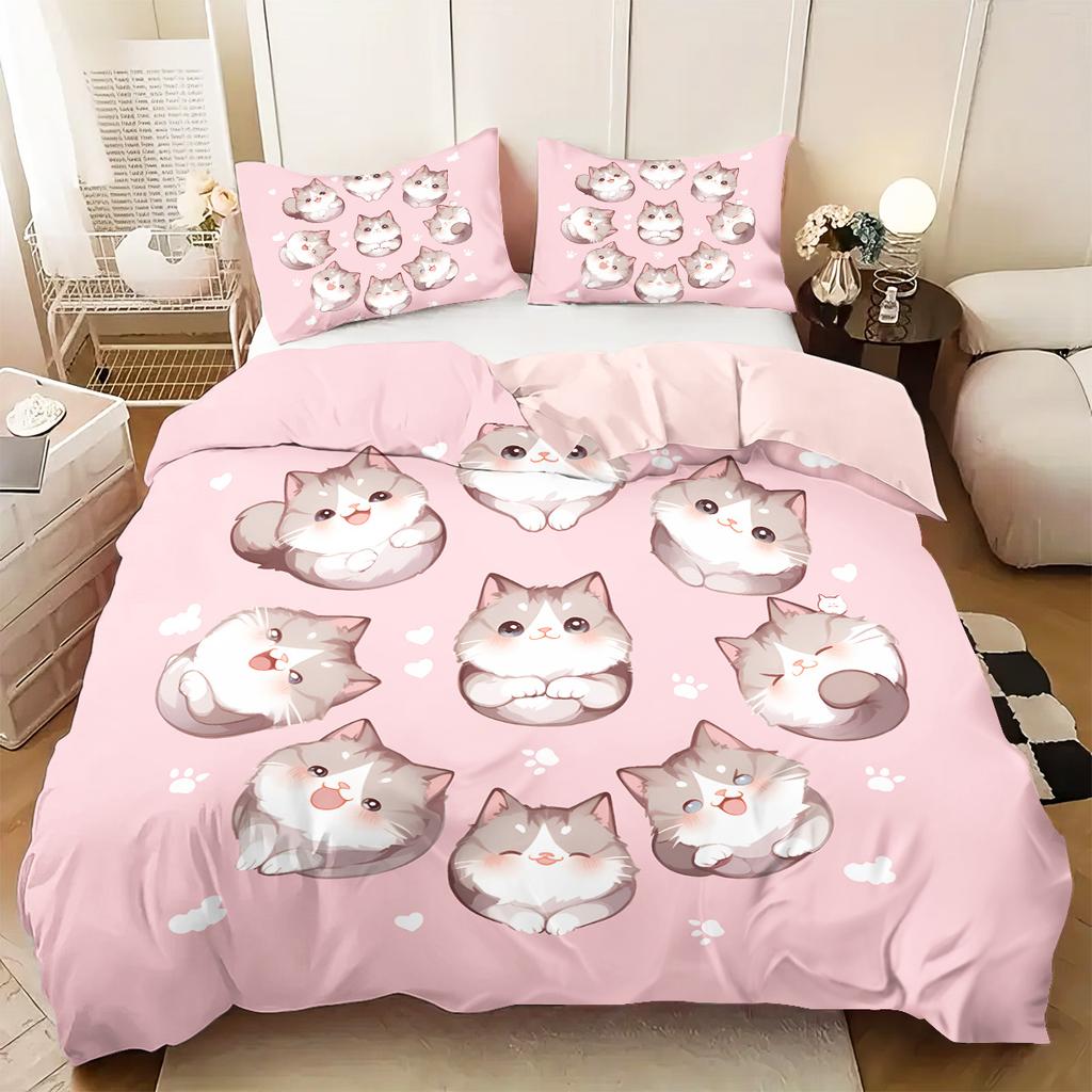 3pcs (1 Duvet Cover, 2 Pillowcases, Coreless), Pink Cute Cartoon Cat Element Printed Bedding Set, Soft and Comfortable