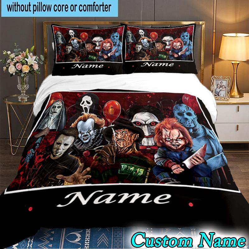 3PCS Custom Name Horror Characters Bedding Set, Bedding Set Including 1pc Duvet Cover And 2pcs Pillowcases for Bedroom,Dormitory Gift