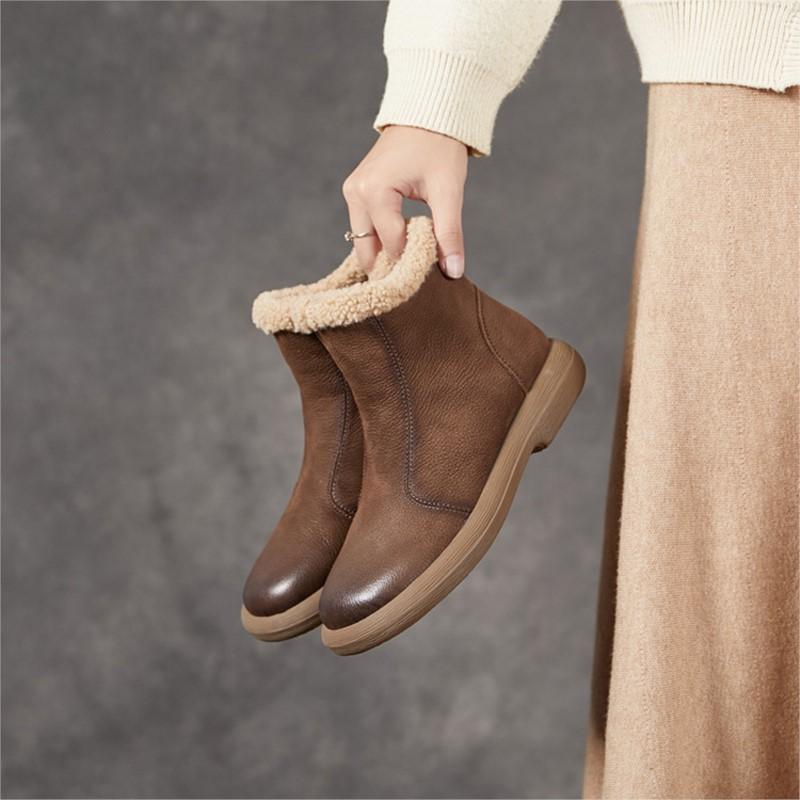 Johnature Genuine Leather Plush Warm Ankle Boots Round Toe Soft Soled Versatile Women's Cotton Boots