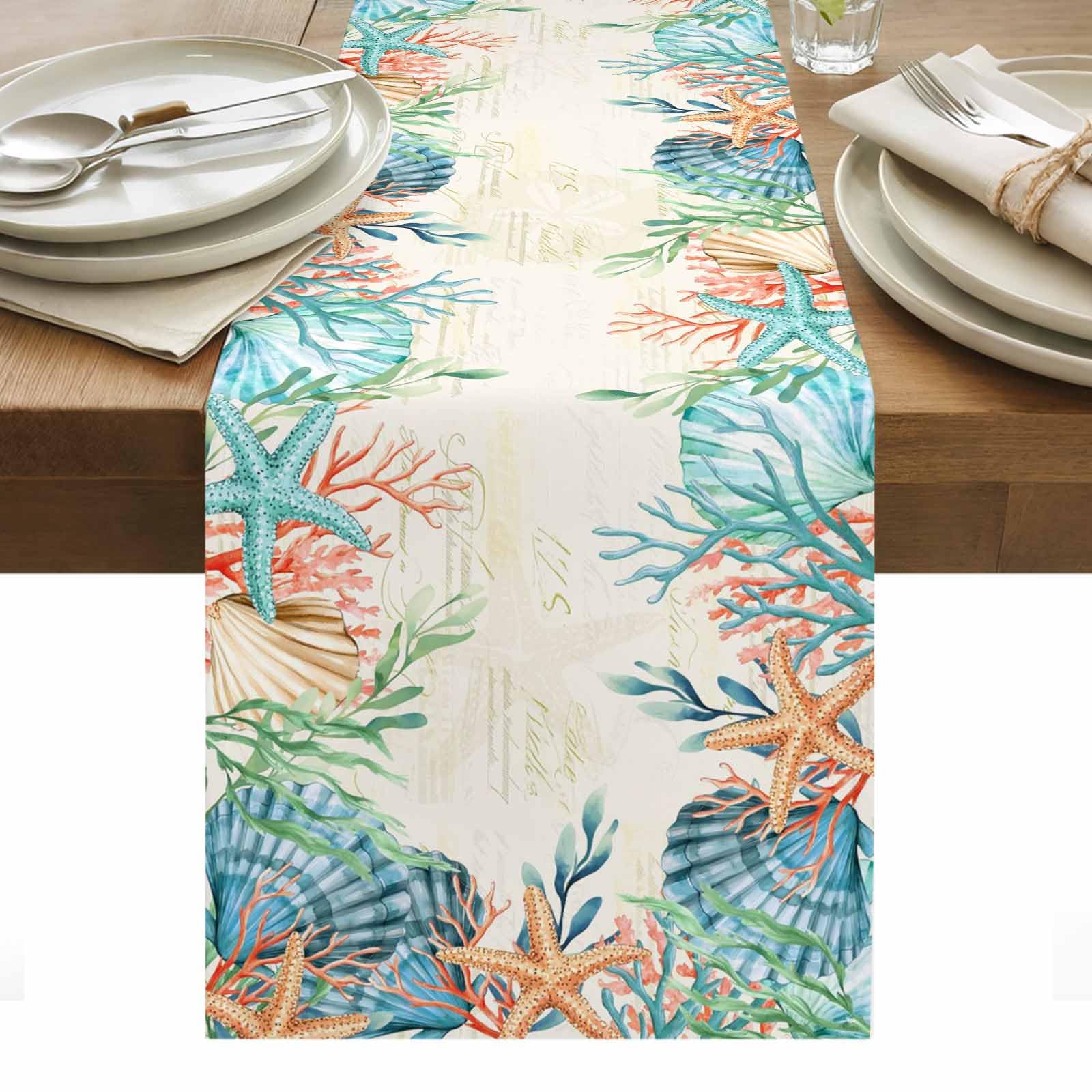 Zomer Zeester Koraal Linnen Tafel Runner Tafeldecoratie Wasbaar Aquarel Zeewier Oceaan Keuken Eettafel Runners Feestdecoratie 150x33cm