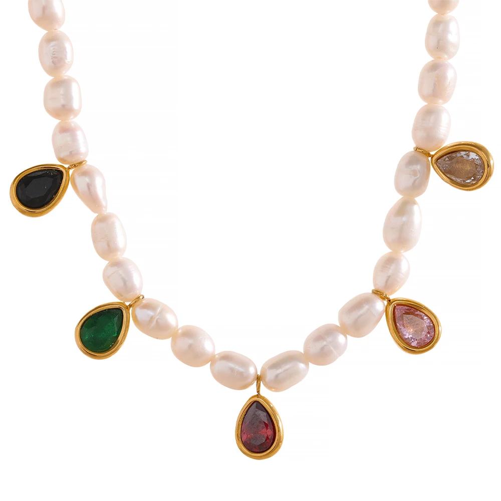 Yhpup Luxury Exquisite Natural Freshwater Pearl Colorful Cubic Zircon Stainless Steel Choker Necklace Romantic Charm Jewelry