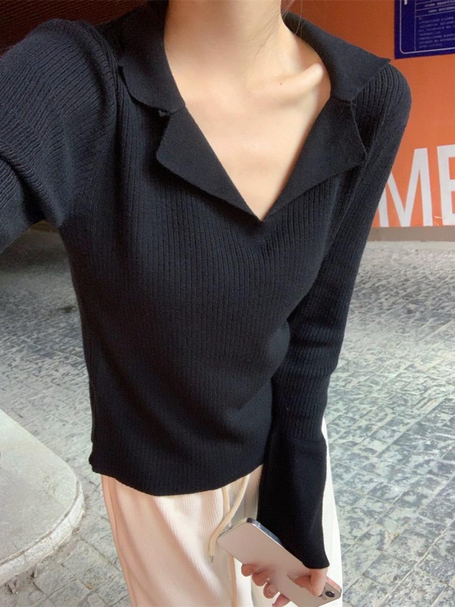 

Жіночий в язаний светр великого розміру - Приталений топ з довгим рукавом для весни, осені та зими S (90-100 jin)