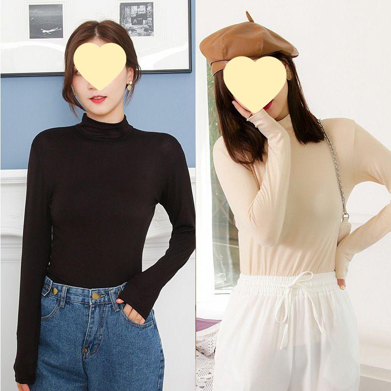 Spring Autumn 2025 Women's Modal Semi-High Neck Long Sleeve Solid Color Plus Size T-shirt - Versatile and Fashionable New Style