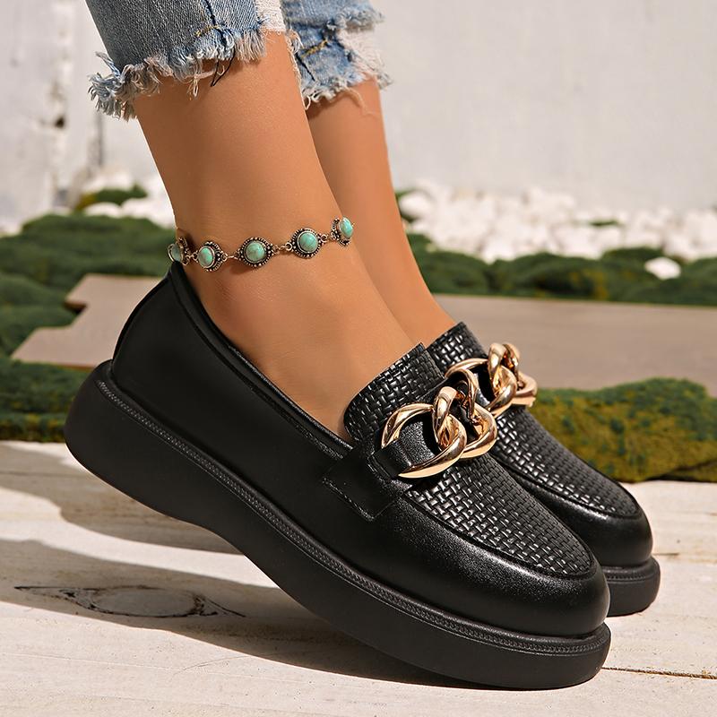 Fashion Women's Chain Decor White Platform Loafers Thick Sole Pu Leather Casual Shoes Woman Comfortable Slip On Walking Shoes Plus Size