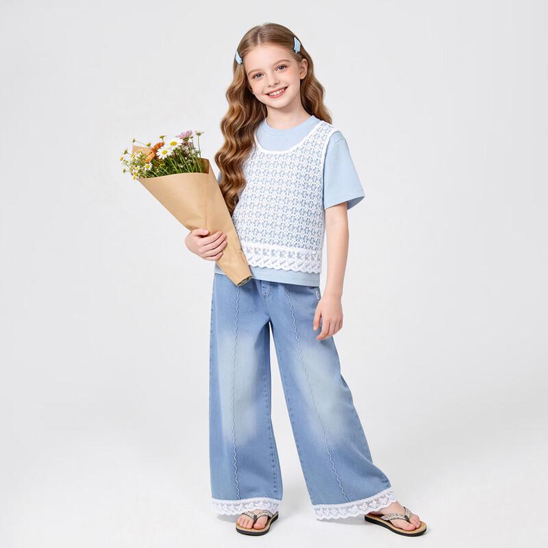 Disney Girls  New Chinese Style Embroidered Vest & Wide-Leg Pants Set M синий