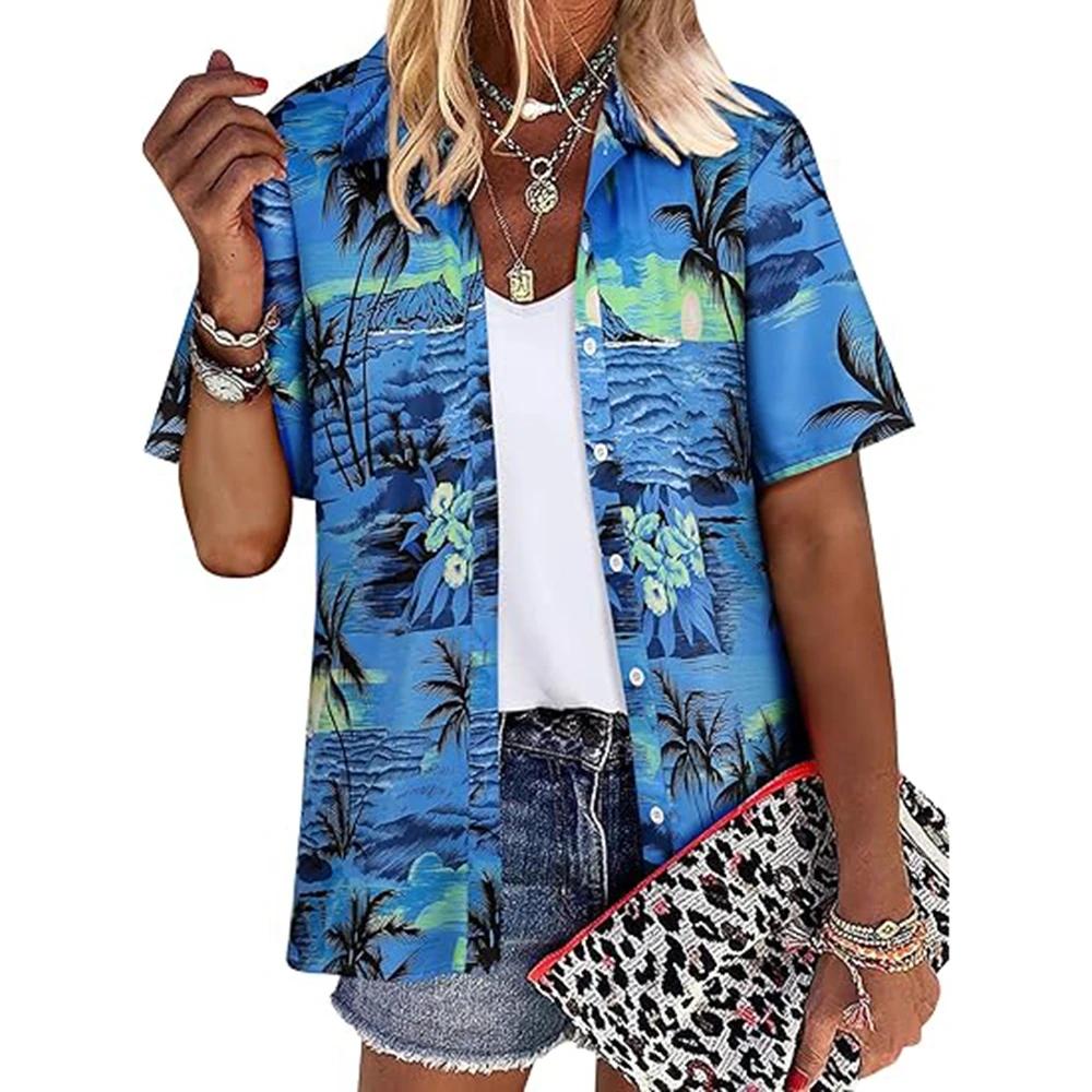 

Coconut Tree Print Women s Short Sleeve Single Breasted Shirt Casual Hawaiian Style Short Sleeve Top Lapel Button Shirts Summer S