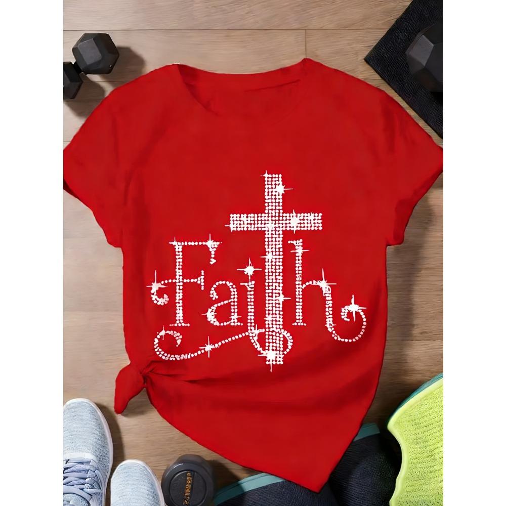 Women Cotton Short Sleeves T-shirts Faith Cross Rhinestone Women's Tee Christian Religious Graphic Black Top