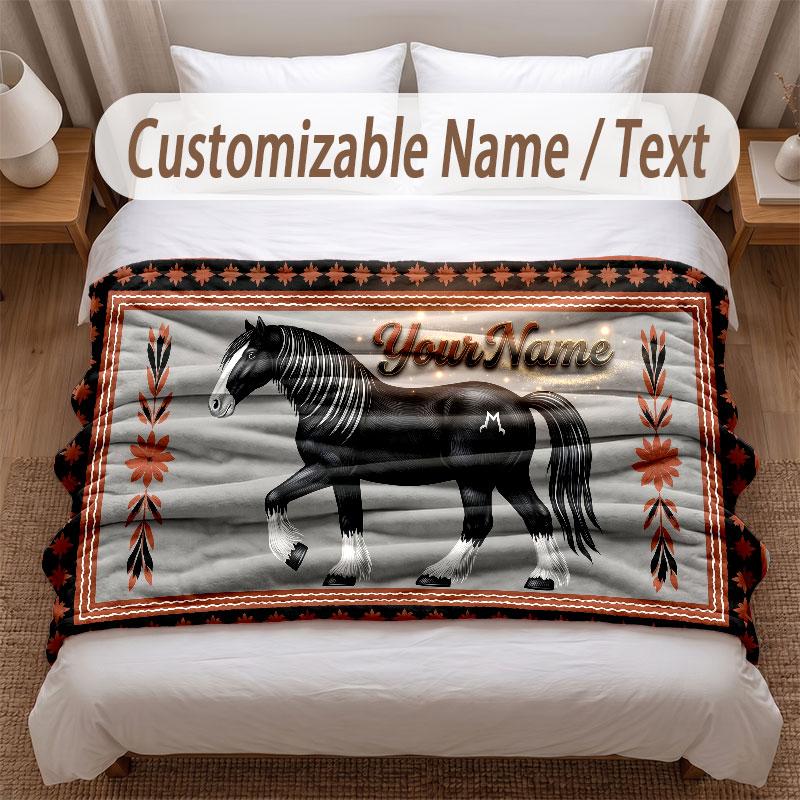 Horse Theme Soft Blanket Personalized Custom Name Text Print Warm Blanket Home Sofa Bedroom Decor