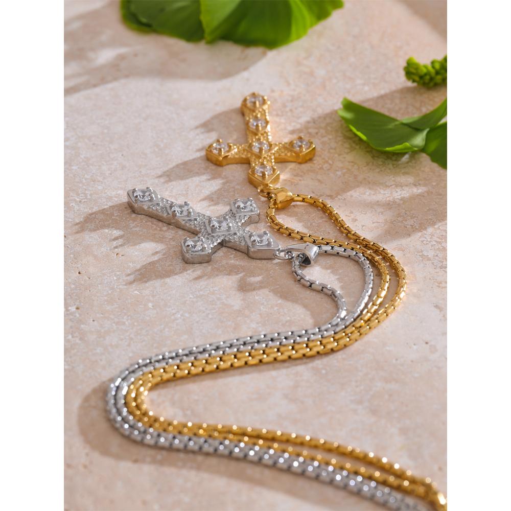 Yhpup Exquisite Shiny Cubic Zirconia Cross Classic Necklace Pendant for Women Stainless Steel Chain Temperament Jewelry Gift