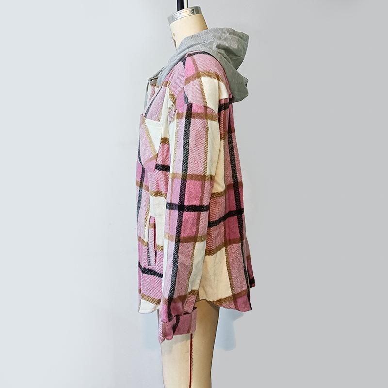 Herbst Damen Plaid Bedruckte Kapuze Patchwork Langarm Lose Tweed Jacke