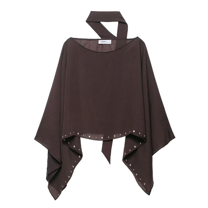 

Zbzr Spring New Women clothes Western Style Fashion Rivet Scarf V-neck Wide Sleeve Poncho 3067719 700 Brown L
