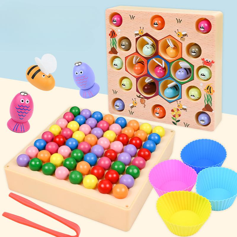 Educational Magnetic Fishing Game 2-in-1 Match And Clip Beads Color Recognition Wooden Toy for Children's Early Learning