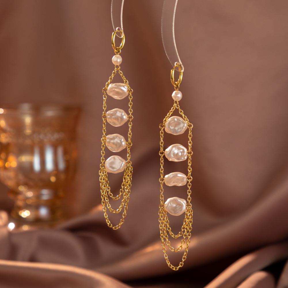 White Chic Geometric Pearl Earrings With Chain Tassels For 2023 Women