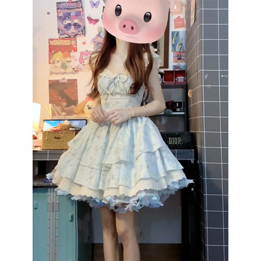 Girl fashion first love Xiaofei sleeve floral gentle wind cake princess dress waist puffy dress dress female summer