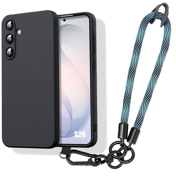 Coque pour Samsung Galaxy S26, Protection Silicone Slim Antichoc Noir avec Bracelet Amovible Bleu
