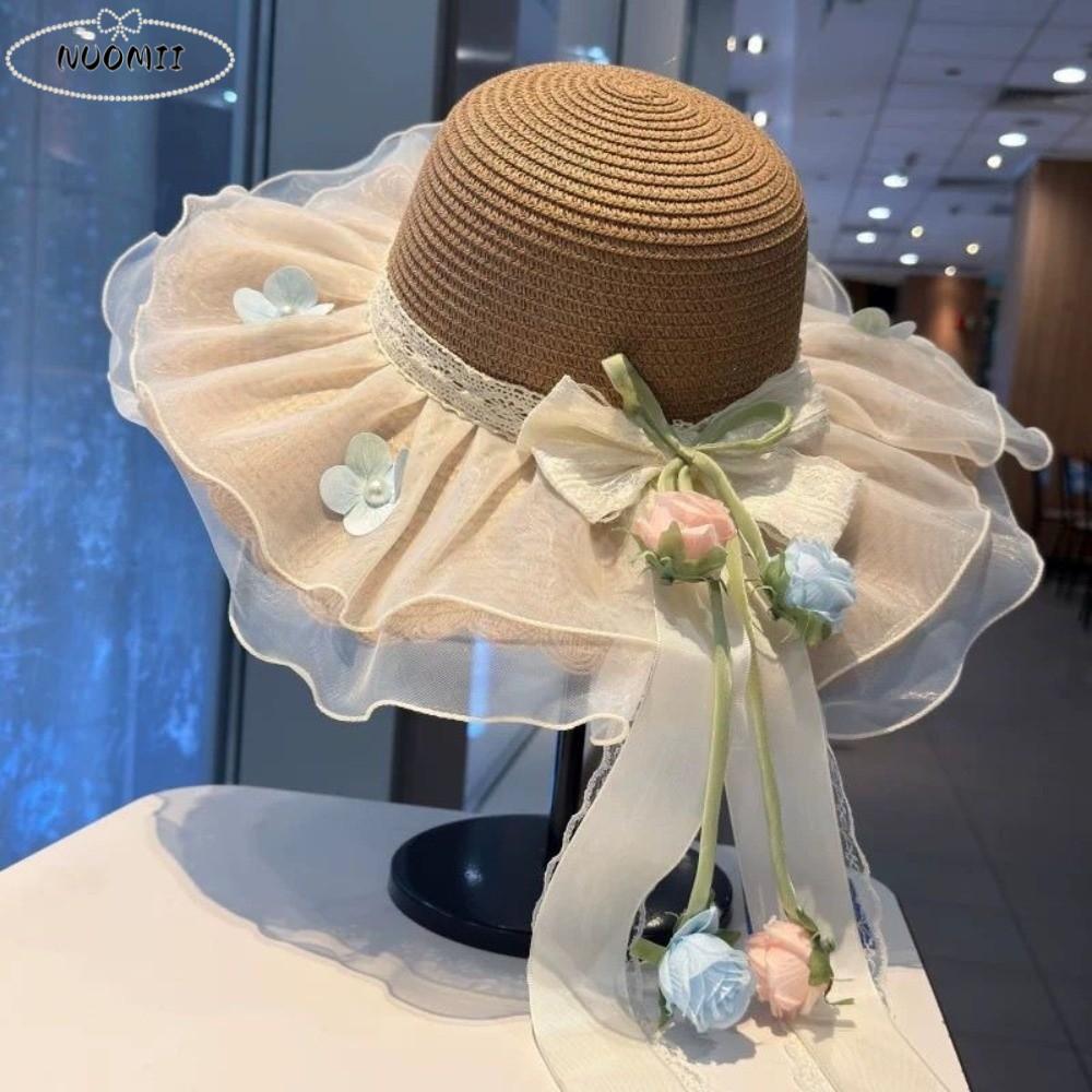 Elegant Rose Ruffle Edge Straw Hat Lace Ribbon UV Protection Woven Sun Cap Lightweight Design Breathable Mesh Beach Visor