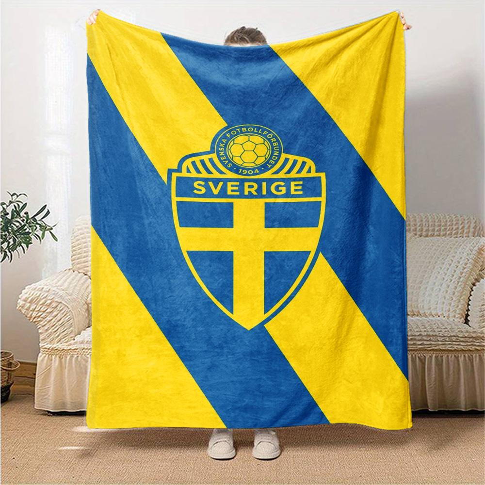Sweden National Football Team Crest Blue Yellow Diagonal Print Flannel Blanket Soccer Graphic Soft Throw Blanket Football Fan Home Decor