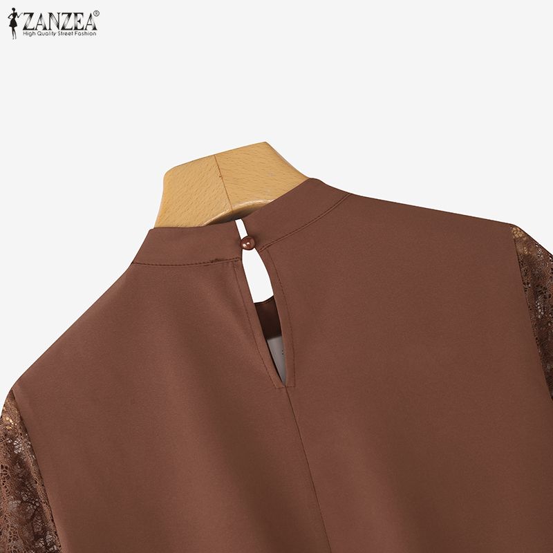 ZANZEA Bluză de damă cu gât rotund, dantelă aplicată și mâneci trei sferturi