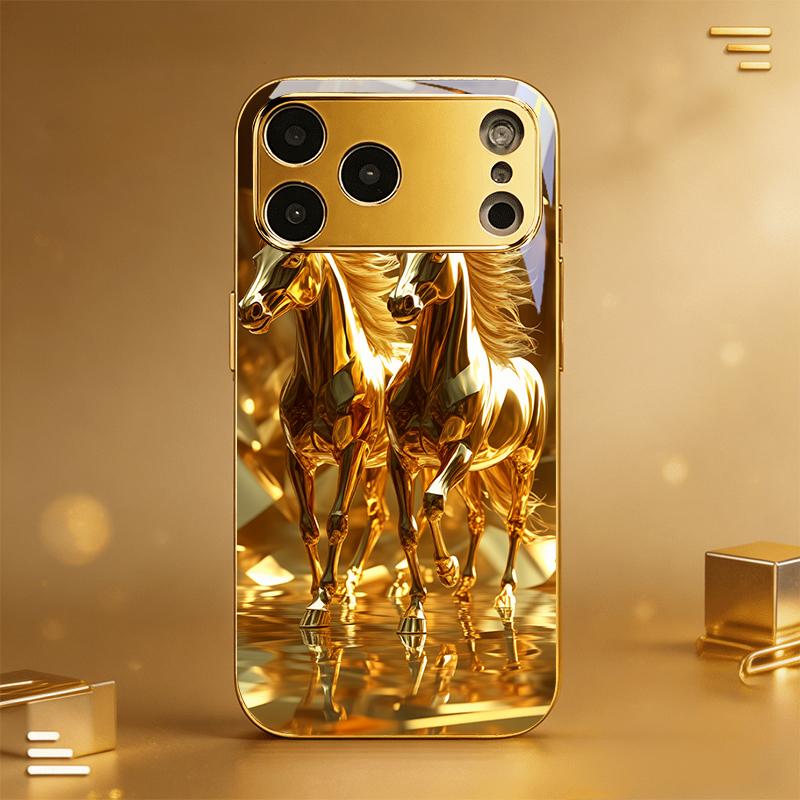 Gilded Running Horses Electroplated Golden Phone Case For iPhone 14 17 16 15 13 12 11 Pro Max Plus 16E 17Air XR 7 8 XS X Cover