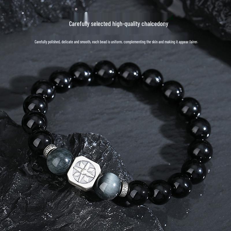 Tichiya Obsidian  Pure Silver Eight-Pointed Star Men s Bracelet: Stylish  High-End Design Pure Silver