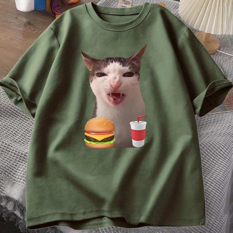 Cat Crunching Food Meme Tshirt Women Unisex Silly T Shirts Funny Cat Eating TShirt Cotton Short Sleeve Graphic Tees Streetwear