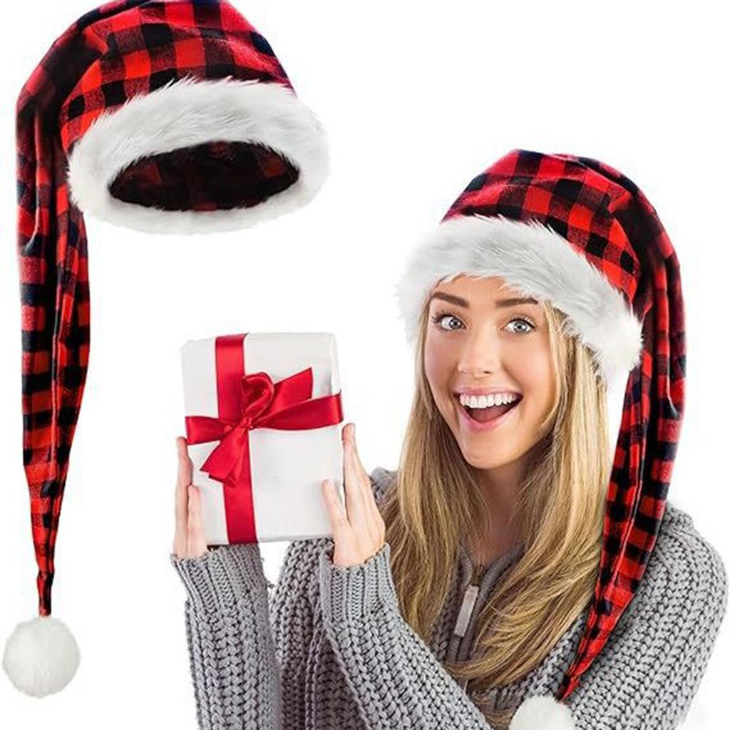 Adult Multicolor Plush Christmas Hat with Black Trim for Holiday Party Costume and Decoration