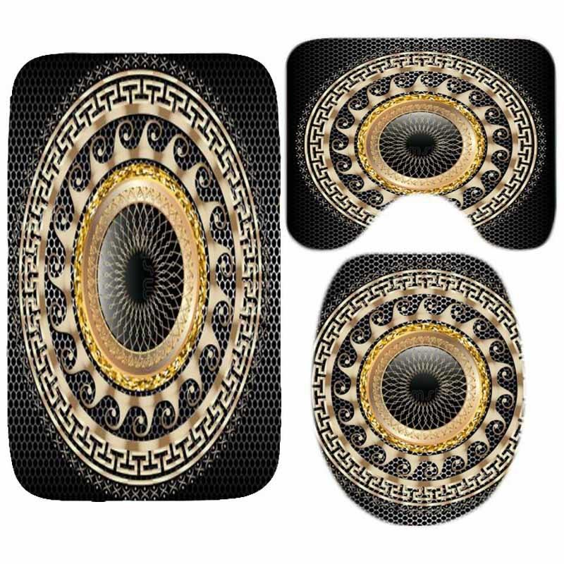 Luxury Black Gold Greek Key Meander Border Bath Rug Set Modern Geometric Ornate Bathroom Door Mat for Toilet Floor Carpet Decor