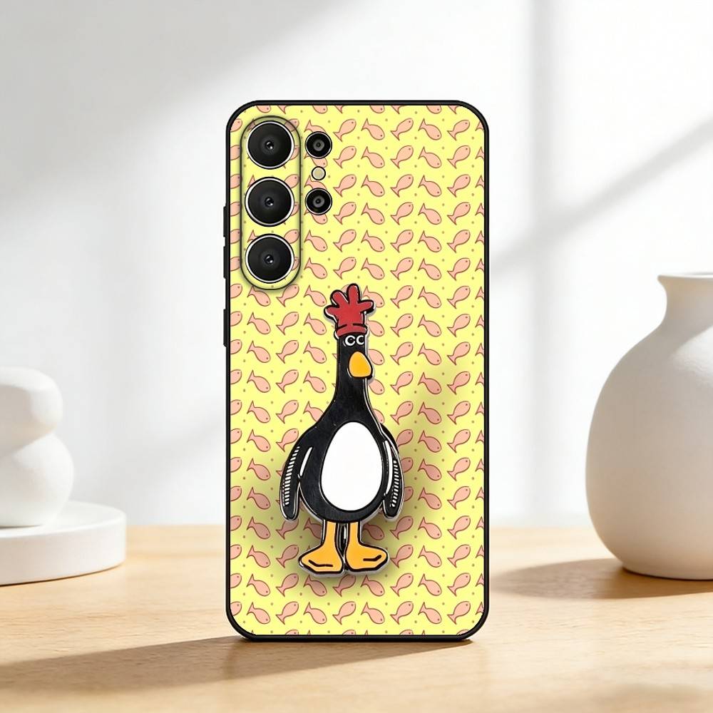 Cute Retro Villain Penguin Phone Case For Samsung S26,S25,24,23,22,30,21,10,9,Ultra,Plus,Lite,FE Soft Black Case