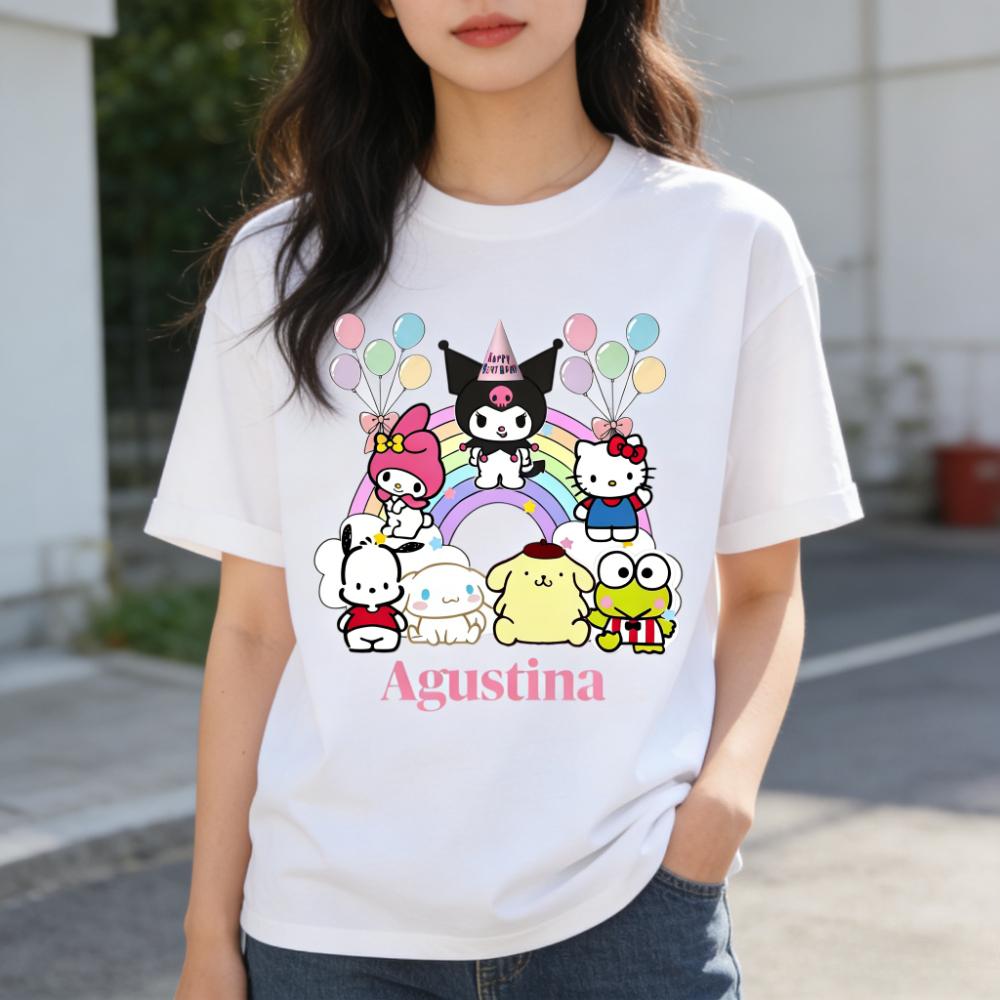 2026 New Sanrio Characters Birthday Cartoon Print Tshirt Family Matching Outfits Casual Short Sleeve Tee for Women Unisex Kids Tee
