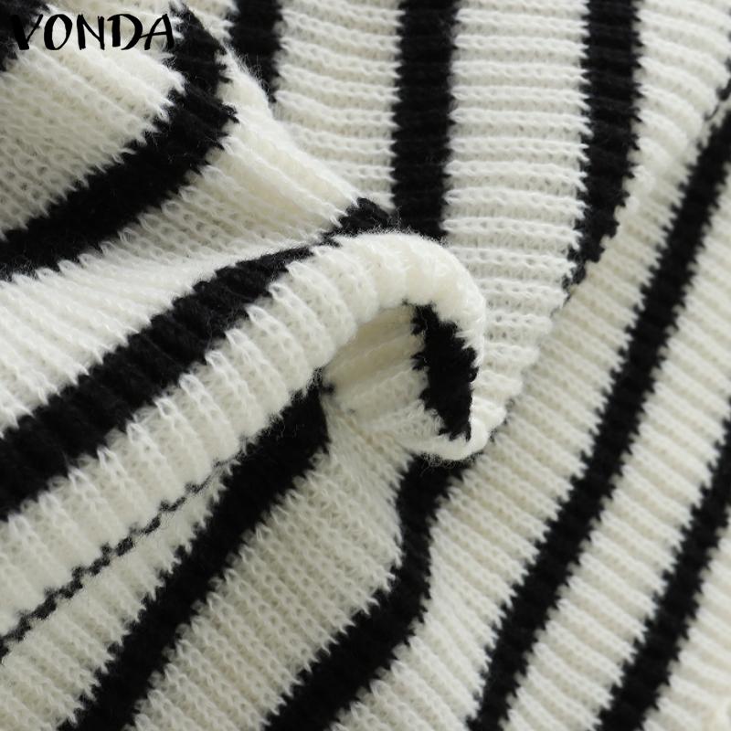 VONDA Winter Women Sweaters Lapel Striped Long Sleeve Pullovers Jumpers