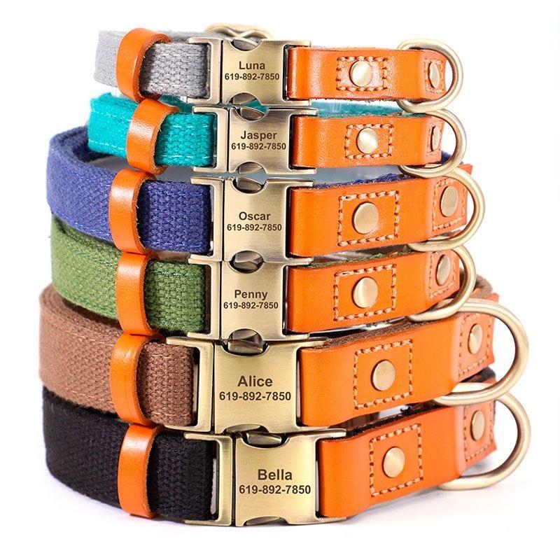 Customized Personalized Nylon Leather Dog Collar with Pet ID Tag 5ft Walking Leash Rope Set for Pug And Other Breeds