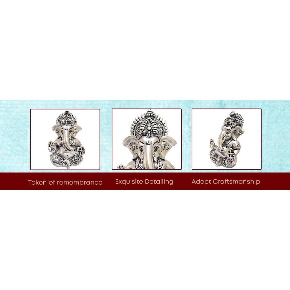Matte Silver Plated Antique Mukut Ganesha - 3.5" - Perfect for Gifting, Home Decor, Car Dashboard Murti Ganpati Idol for Home Decor