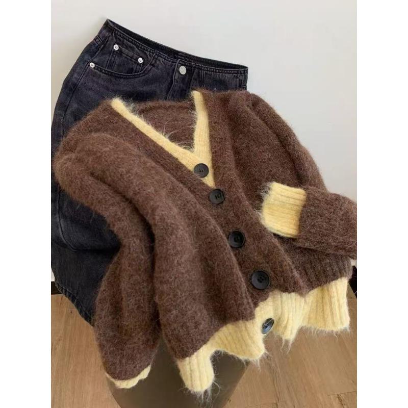 

Purple long-sleeved v-neck fake two-piece knitted sweater cardigan jacket women s short lazy high-end top L темно-коричневого