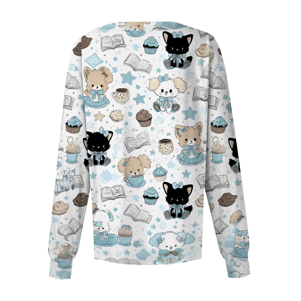 Women's Long Sleeve Top, Casual Uniform with Print, Single Pocket, Lightweight Work Shirt for