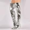 Dünne Hohe Absätze Über das Knie Lange Stiefel für Damen Damen Sexy Silber Spiegel Oberschenkel Hohe Stiefel T Show Spitze Zehen Club Party Schuhe