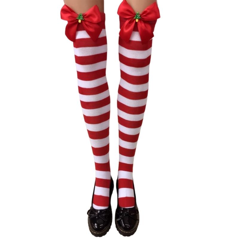 Festival-Schleifenakzent Gestreifte Lange Socken für Damen Weihnachtsfeiern Cosplay Oberschenkelhoch Über dem Knie Strümpfe Strumpfwaren